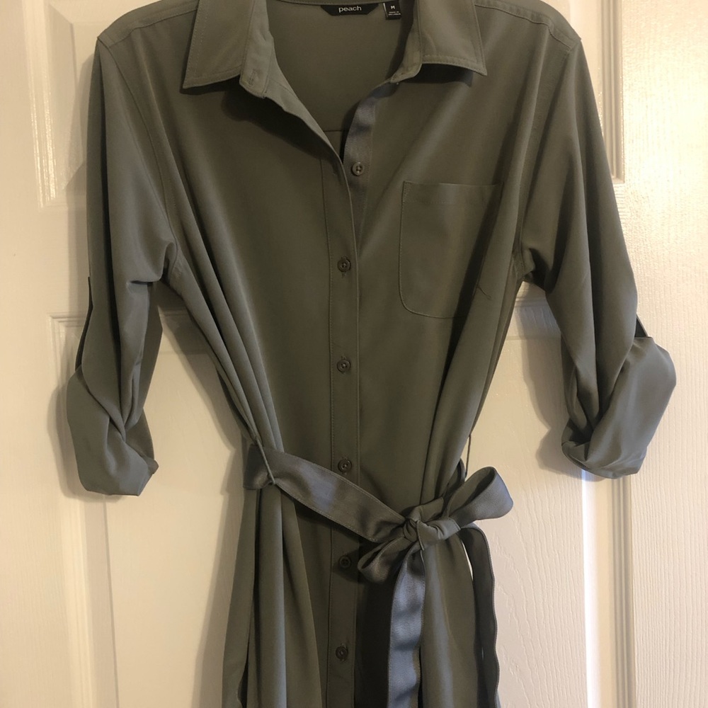 PEACH- Cargo Style Shirt Dress in Olive Green- Medium Roll up Sleeve